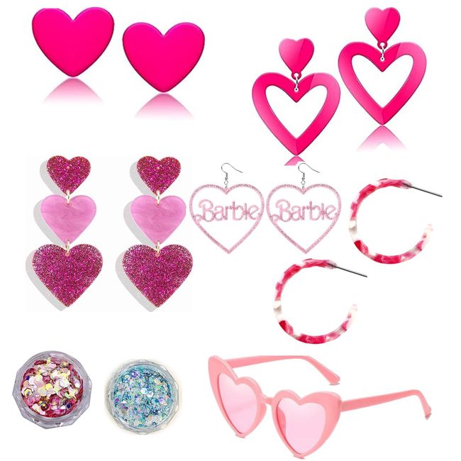 XHBTS 8 Set Pink Heart Earrings and Heart Shape Sunglasses and Body Face Glitter Lover Earrings for Women