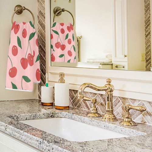 Naanle Cute Cherry Leaves Pink Floral Soft Absorbent Hand Towel, Guest Decor Towel for Bathroom, Hotel, Kitchen, Gym and Spa(16" x 30")
