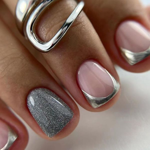 24Pcs Square False Nails - Metal Fake Nails with Glue - Grey Pink Glossy False Nails Short - Glitter Stick on Nails for Women - French Acrylic Nails - Removable Full Cover Nail Tips for Women Girls