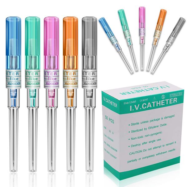 Catheter Piercing Needles - Autdor 50Pcs Mixed IV Catheter Needles 14G 16G 18G 20G and 22G Ear Nose Piercing Needles Hollow Needles for Lip Tongue Belly Navel Nipple Cartilage Piercing Kit