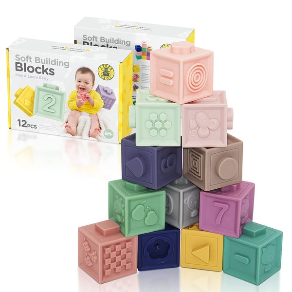 TykesToys Soft Building Blocks Baby Blocks Teething Educational Toys (Montessori Color Recognition Visual Stimulation Fingertip Training Learning Numbers, Animals, Calculation, Imagination Molding Puzzle), Baby Shower, 6 Months Up Baby and Kids 12 Pieces