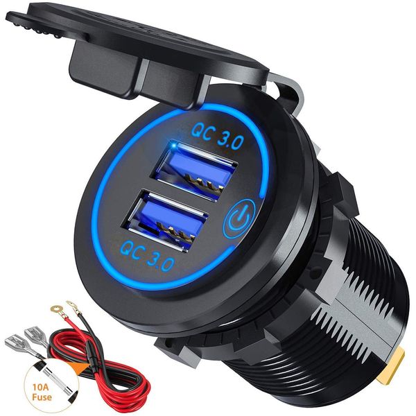 GemCoo QC 3.0 USB Auto Steckdose KFZ Ladegerät 12 V/24 V 36 W mit Touch Schalter Zwei Quick Charge 3.0 Ladeports Schnellladung für Fahrzeuge KFZ Boot Motorrad LKW Wohnwagen Marine (Blau)
