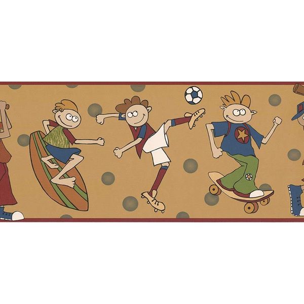 CONCORD WALLCOVERINGS ™ Active Kids Wallpaper Border Featuring Boys with Scateboard, Surfboard and Soccer Ball, Colors Yellow Blue Red Green, Size 9 Inches by 15 Feet NGB76808