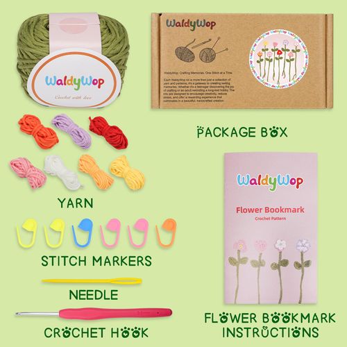 WaldyWop Crochet Kit for Beginners - 8 Flower Bookmarks Crocheting Kit w/Step-by-Step Video Tutorials & Soft Yarn and Hooks - Wobbles Crochet Starter Kit for Adults Kids, Birthday Gifts for Women Mom