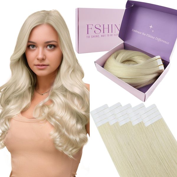 Fshine Tape Extensions Human Hair White Blonde Tape in Hair Extensions Soft Straight Blonde Hair Extensions for Women Invisible Tape in Hair Extensions Human Hair 18 Inch 50g 20pcs