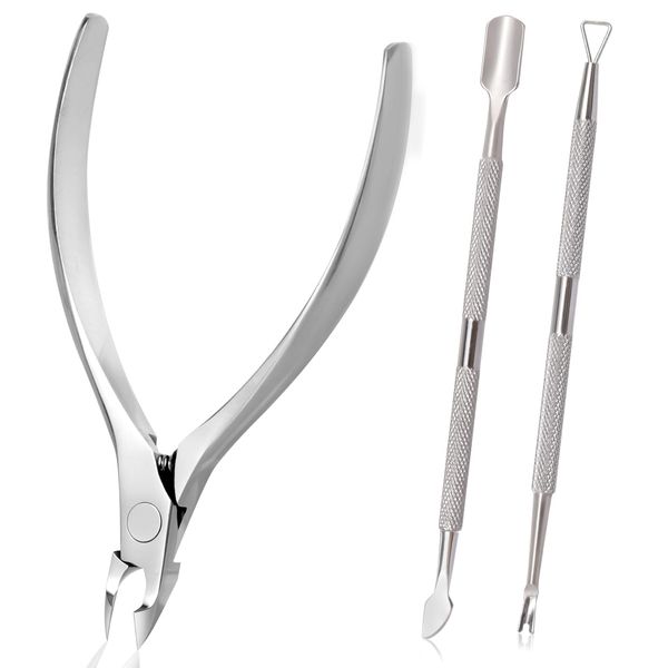 TOPNPEKO Cuticle Nipper, 3Pcs Cuticle Remover Set with Cuticle Pusher/Cuticle Fork/Nails Scraper & File, Upgraded Sharp Edge & Bulit-in Spring Manicure Tool