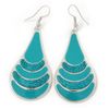 Teal Enamel With Glitter Effect Teardrop Earrings/Silver Tone/ 65mm L