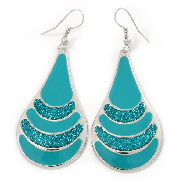 Teal Enamel With Glitter Effect Teardrop Earrings/Silver Tone/ 65mm L
