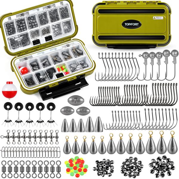 TOPFORT 187/343pcs Fishing Accessories Kit, Including Jig Hooks, Bullet Bass Casting Sinker Weights, Fishing Swivels Snaps, Sinker Slides, Fishing Set with Tackle Box