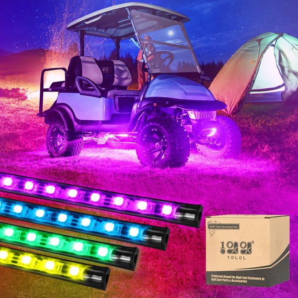10L0L 4 PCS Golf cart Underglow LED Light Strip Kit,Neon underbody Lights,24 Modes,Wireless Remote,Sound-Active,Water-Resistant,and 4 Flexible Tubes Included