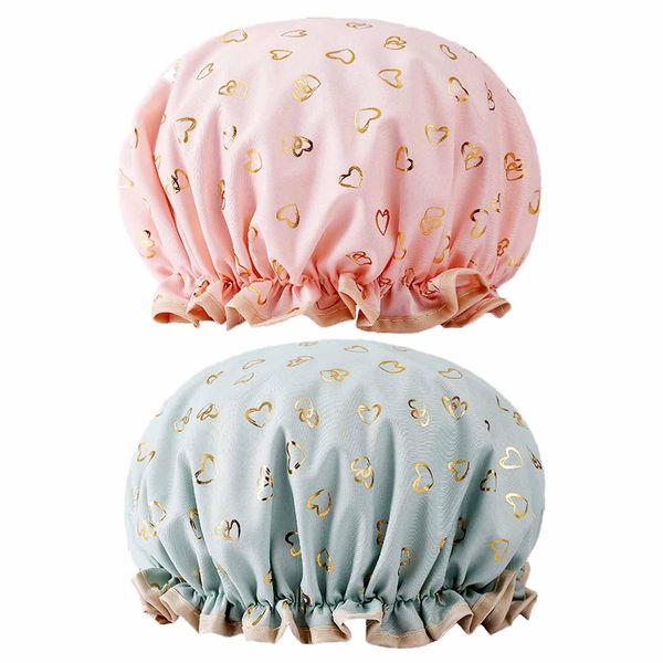 Yiapinn 2 Pcs Bath Caps Elastic Band Double Layers Waterproof Shower Caps With Ruffled Edge Covering Ears Keeping Hair Dry Kitchen Oil-proof Cap for Girls and Women