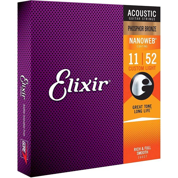 Elixir Strings, Phosphor Bronze, Acoustic Guitar Strings, Nanoweb Coating, Custom Light (.011-.052)