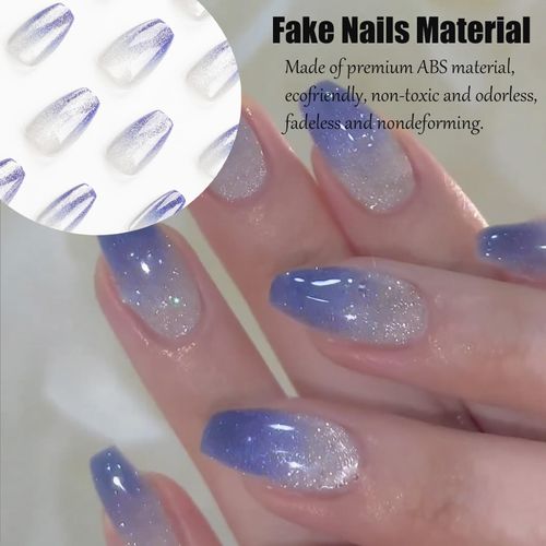 Short French Press-On Nails Blue Cat Eye Gradient 24 pcs