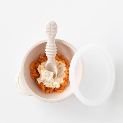 Bumkins Baby Bowls, Silicone Baby Feeding Set, Suction Bowls for Baby and Toddler with Spoon and Lid, First Feeding Set, Platinum Silicone Bowl for Babies 4 Months Up