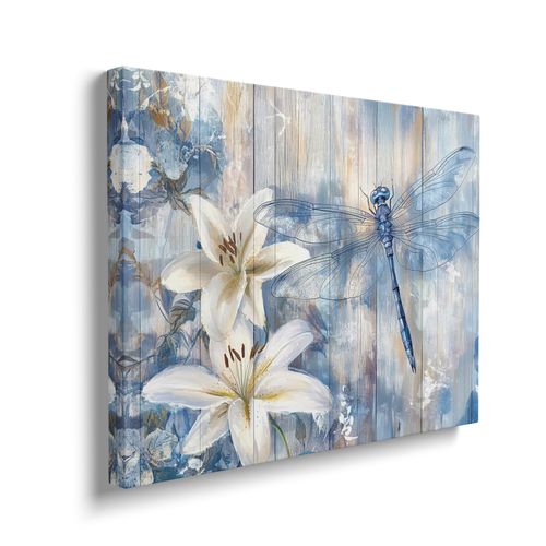 Dragonfly Canvas Wall Art White Lily Farmhouse Painting Flower Floral Picture Framed for Bathroom Bedroom Living Room Modern Home Office Dragonfly Wall Decor 12"x16"