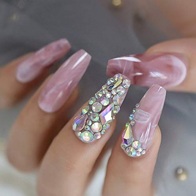 Pale Grey Sequence Rhinestones Long Ballerina Press-on Nail Tips Sparkle  Luxury 