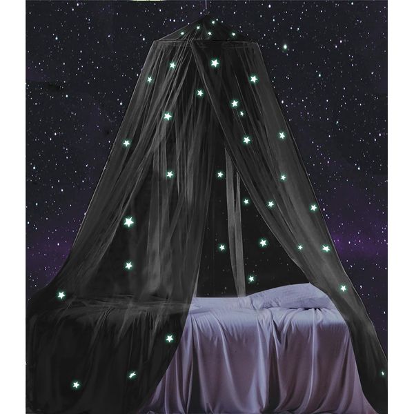 Bed Canopy with Glowing Stars in The Dark, Bed Curtain for Baby Cot, Kids Bed & Toddler Bed, Single & Double Bed, Mosquito Net Canopy for Girls or Boys Room, Fire Retardant Fabric