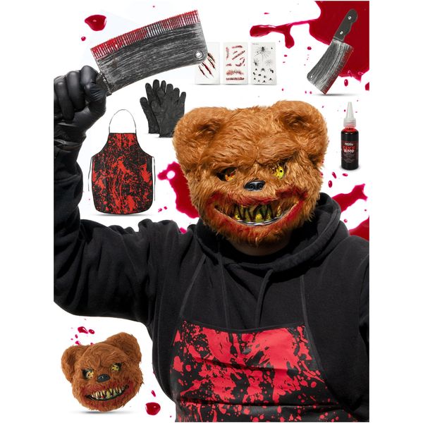 Festicy Bärenkostüm für Herren und Damen I One Size Halloween Maske, Kunstblut Halloween Beil, Schürze & Tattoos I Horror Kostüm Herren für Halloween 2024 Party I Halloween Kostüm Damen