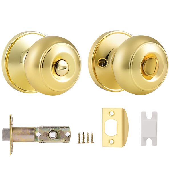 Probrico Brass Privacy Door Knob with Lock, Stainless Steel Round Interior Door Knobs for Bedroom/Bathroom, 1 Pack