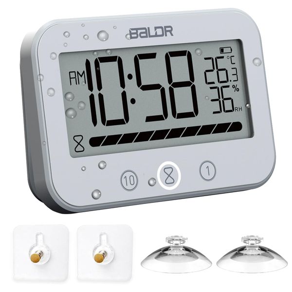 Digital Bathroom Wall Clock with Temperature Humidity, Waterproof Visual Countdown Timer for Shower, Water Resistant Bath Clock Thermometer Hygrometer Combo, Mirror Suction Timer for Makeup (White)