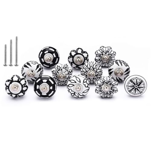 NAQSH Drawer Knobs Ceramic Cabinet & Furniture Knob Handpainted Dresser Drawers Pulls Kitchen & Office Drawer Pull (Black & White) (Pack of 12)