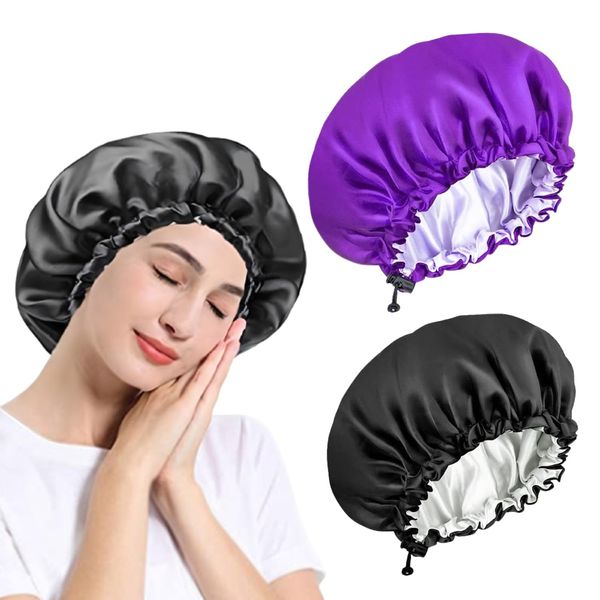 2 Pack Satin Bonnet, Adjustable Double-Sided Sleep Bonnet,Silk Hair Wrap for Sleeping, Soft Sleeping Head Cover Sleeping Hat for Women and Girls Curly Hair (Black and Purple)