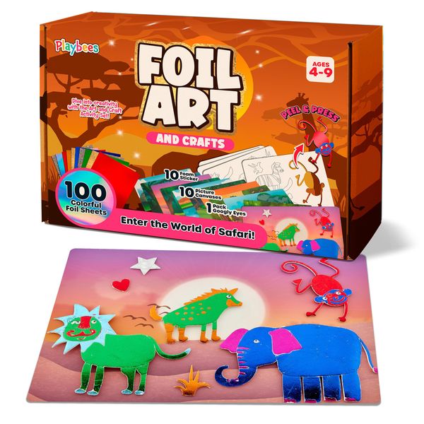 Playbees Foil Art Kit Animals Mega Pack Preschool Arts and Crafts Kit for Kids- No Mess Art Boys & Girls Ages 4, 5, 6, 7, 8, 9 Years Old - DIY Creative Activity - Art & Craft Activity