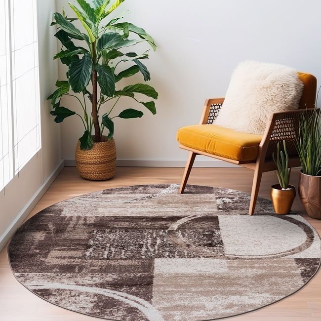 Rugshop Round Rugs for Living Room Abstract Circle Carpet Brown Round Area Rugs