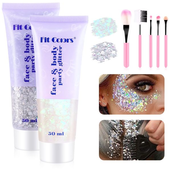 Body Glitter Gel 2 x 50ml Set, PAMIYO Festival Glitzer Gesicht Mermaid Sequins Chunky mit Pinsel, Long Lasting Glitter Powder for Festival Masquerade Birthday Makeup Outfit Damen (White+Silver)