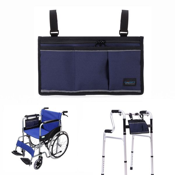 NEPPT Wheelchair Bag Walker Pouch for folding walker Electric Wheelchair Side Bag Scooter Power Chair Accessories Mesh Storage Organizer with Phone Holder for The Armrest Travel Saddle Bag (Dark Blue)