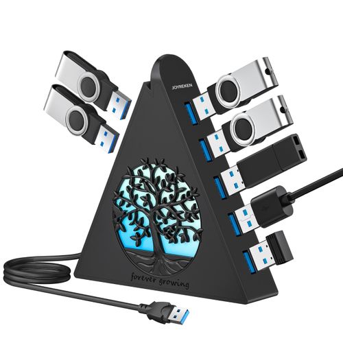 JoyReken 7-Port USB 3.0 Hub, Vertical USB Hub Splitter with RGB Tree Lighting, 5Gbps High-Speed Data Transfer and 2FT Extension Cable, Compatible with PC, MacBook, Laptop, PS5, Xbox, Flash Drive