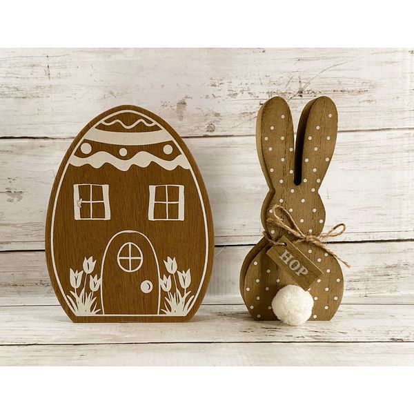 HL Easter Decor - Natural White Egg House Bunny Hop Tier Tray 2pc