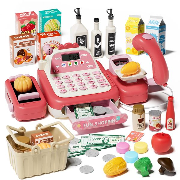 STACTCUTE 49PCS Pretend Play Cash Register Toy Set for Kids with Real Calculator,Scanner,Microphone,Conveyor Belt,Weighing Tool,Cashier Playset Realistic Gift for Toddler Kid Ages 3 4 5 6 7 8（Pink）