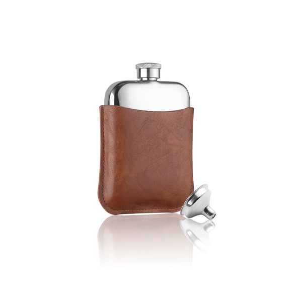 HIPLE® 6oz Hip Flask Father's Day Gift with Free Hiple Handkerchief Premium Tan PU Leather Sleeve and Stainless Steel Funnel Gift for Him Groomsmen Gift Hip Flask for Men Whisky Flask