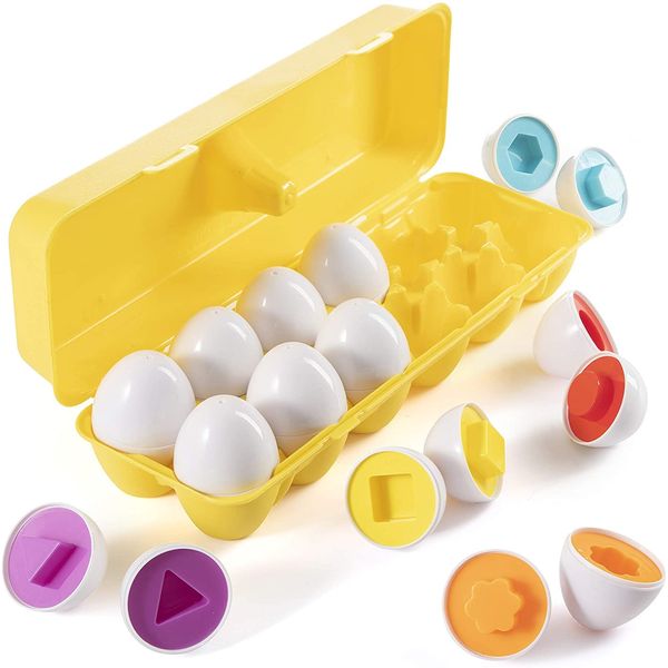 PREXTEX My First Find & Match Easter Matching Eggs w/Yellow Eggs Holder - STEM Toys Educational Toy for Kids & Toddlers to Learn About Shapes & Colors Easter Gift - First Easter Toy Eggs for Toddlers