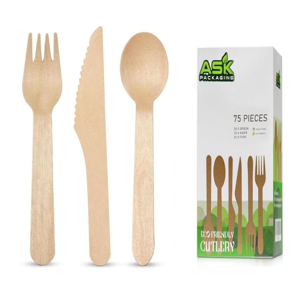 75pcs Disposable Wooden Cutlery Set | 25x Forks, 25x Spoons, 25x Knives | 16cm | Biodegradable Compostable & Eco Friendly | Ideal for Party, Picnic, Christmas, All Occasions