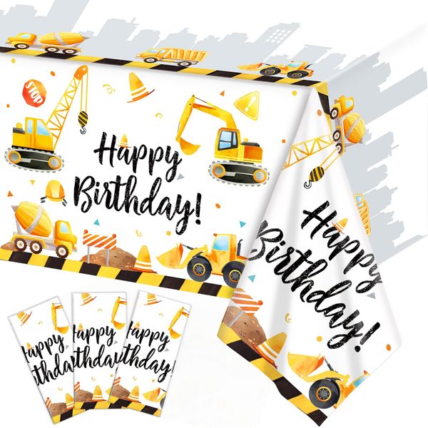 Oigco 3Pcs Construction Birthday Party Supplies Tablecloth Rectangular Truck Plastic Table Cover Construction Party Decorations Table Cloths for Kids Boys, 54 x 108 Inch