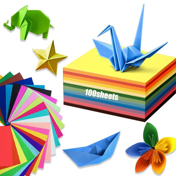 Coloured Origami Paper, 100 Sheets Double Sided Handmade Origami Paper, 5.7×5.7Inch Children Art Paper Card, Square Pastel Paper for Kids, Beginners, Adults, School, Folding Floral Animal (20 Colours)