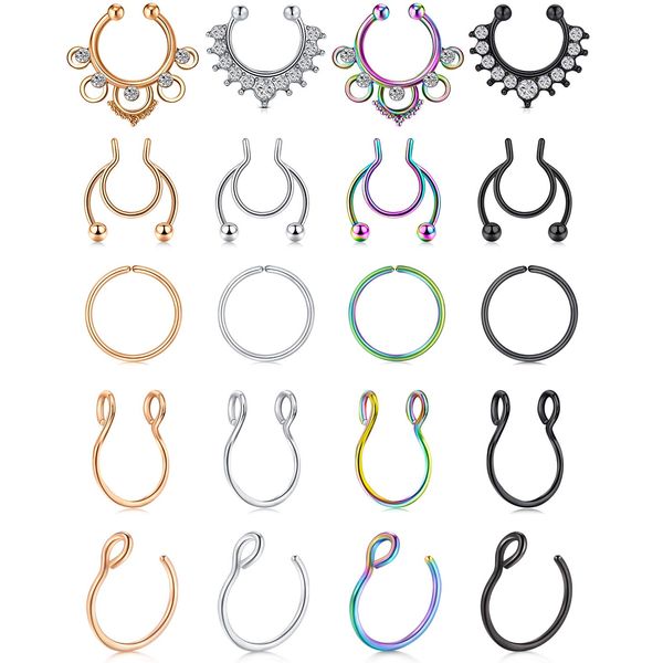 Mayhoop Fake Septum Nose Hoop Rings Stainless Steel Faux Lip Ear Nose Septum Ring Non Piercing Clip On Nose Hoop Rings Body Piercing Jewelry 20PCS