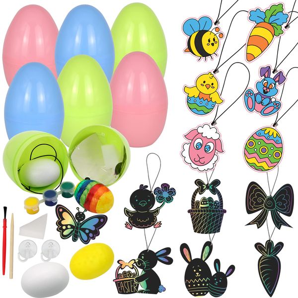 JOYIN 54 Pcs Easter Crafts Assortment Kit with Prefilled Easter Eggs Painting Kit Include Wooden Eggs, Suncatchers and Scratch Cards for Easter Party Favor, Basket Stuffers Fillers, Easter Eggs Hunt