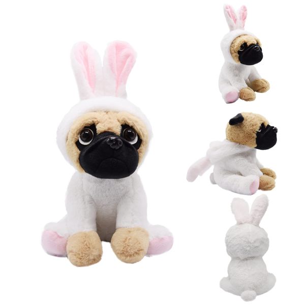 BABOLI Cuddly Pug Stuffed Animals Soft Toys with Adorable Bunny Costumes Super Cute Puppy Dog Plush Animal for Easter Day Gifts or Kids Birthday Party Supplies 10 Inches