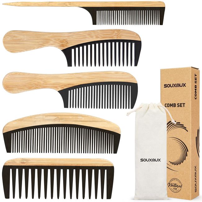 Haarkämme-Set für Männer und Frauen, Breiter Zahn, Natürliche Bambus-Haarbürste, Hitzebeständiger Styling-Kamm, Feiner Zahn, Handgefertigte, Antistatische Haarbürste für Langes, Kurzes, Dickes, Dünnes