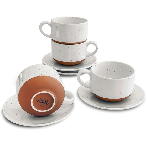 Mora Ceramics 8oz Cappuccino Mug Set of 4 - Ceramic Coffee Cups with Saucers - Microwave and Dishwasher Safe, Perfect For Tea, Espresso, Latte - Porcelain Mugs for Kitchen or Cafe - Vanilla White