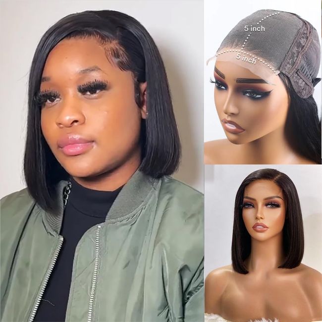 5x5 Closure Bob Wig Human Hair Straight Bob Lace Front Wigs Human Hair Short Bob Wigs for Black Women 150% Density HD Transparent Glueless Wigs Human Hair Pre Plucked with Baby Hair (12 Inch)