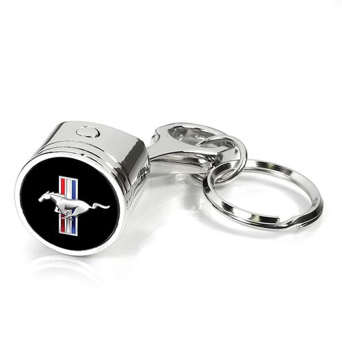 iPick Image for Ford Mustang Tri-Bar Logo in Black on Chrome Engine Piston and Rod Metal Key Chain