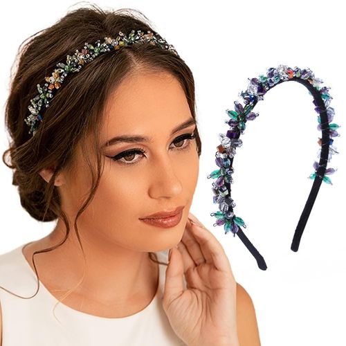 Formery Sparkle Flower Crystal Headband Black Colorful Crystal Beads Hairband Party Prom Wedding Handmade Beaded Floral Hair accessories for Women and Girls