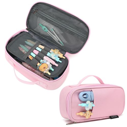 XQXA Large Capacity Pencil Case Multi-Slot Pencil Pouch Durable Pencil Box Portable Makeup Bag with Handle for Office (Pink)