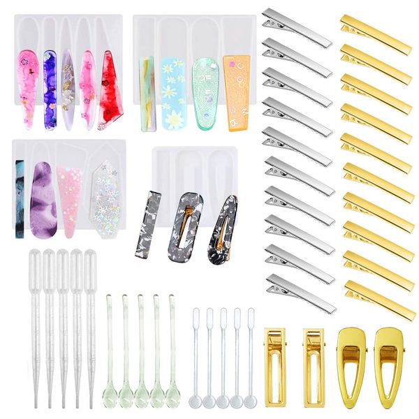 Cayway 29 PCS Resin Molds DIY Hair Pin Casting Mold Set Kit Includes 4 PCS Hair Clip Mould Strip Silicone Jewelry Molds and 24 PCS Metal Clip for Hair Pin, Keychain, Bookmark, Pendant