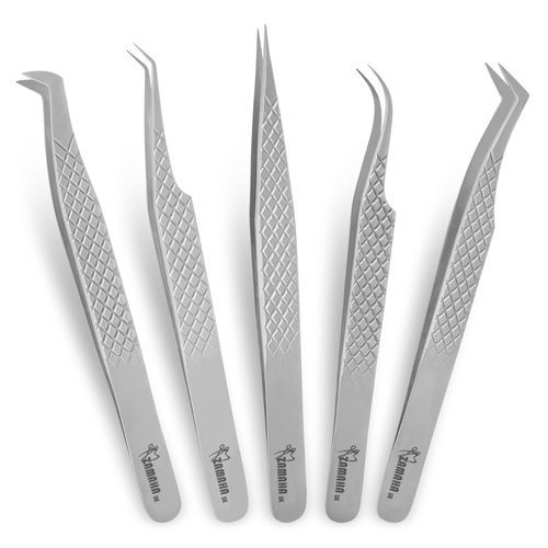 ZAMAHA UK Lash Eyelash Extension Tweezers Set of 5, Japanese Stainless Steel Tools Straight Curved 45 90 Degree Angled Tip, Volume Tweezers Precision (Shiny Look)