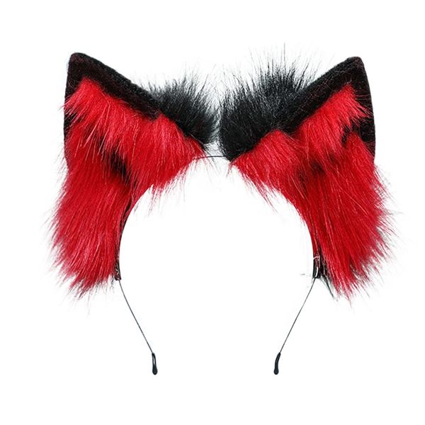 ILUFAM Handmade Wolf Ears Headband Furry Fox Cat Animal Ears Hair Hoop Faux Fur Hairband Halloween Anime Fancy Dress Party Cosplay Headwear (Black&red)